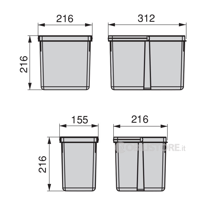Kit di contenitori per la raccolta differenziata per cassetti da cucina  Recycle Altezza Recycle 216 mm, 1x12lt, 2x6lt, Grigio antracite  Tecnoplastica